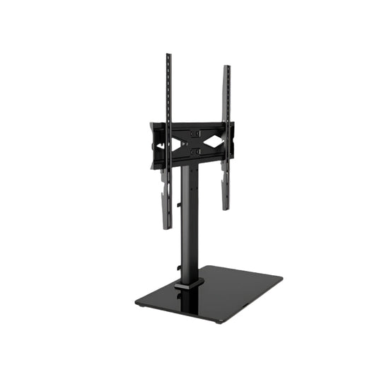 Zwarte TV-standaard met verstelbare arm en brede basis, geschikt voor moderne televisies. Robuust metaalconstructie voor stabiele montage in woon- of kantoorruimte.