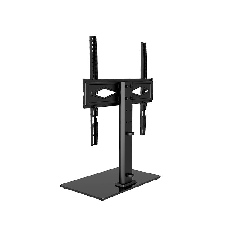 Zwarte TV-standaard met verstelbare arm en brede glazen basis, geschikt voor moderne kantoor- of woonruimtes. Ideaal voor slimme TV-installaties en home-office oplossingen.