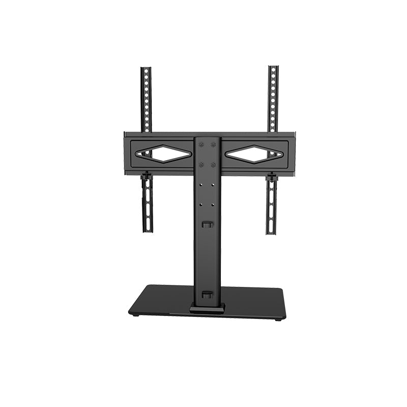 Zwart metalen TV-standaard met verstelbare arm en brede glazen basis, geschikt voor moderne kantoor- of woonruimte. Ideaal voor slimme TV’s en gamingmonitors.