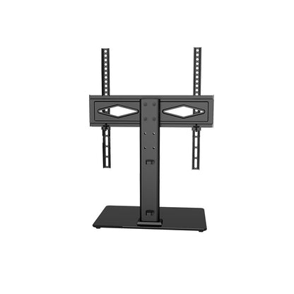 Zwart metalen TV-standaard met verstelbare arm en brede glazen basis, geschikt voor moderne kantoor- of woonruimte. Ideaal voor slimme TV’s en gamingmonitors.