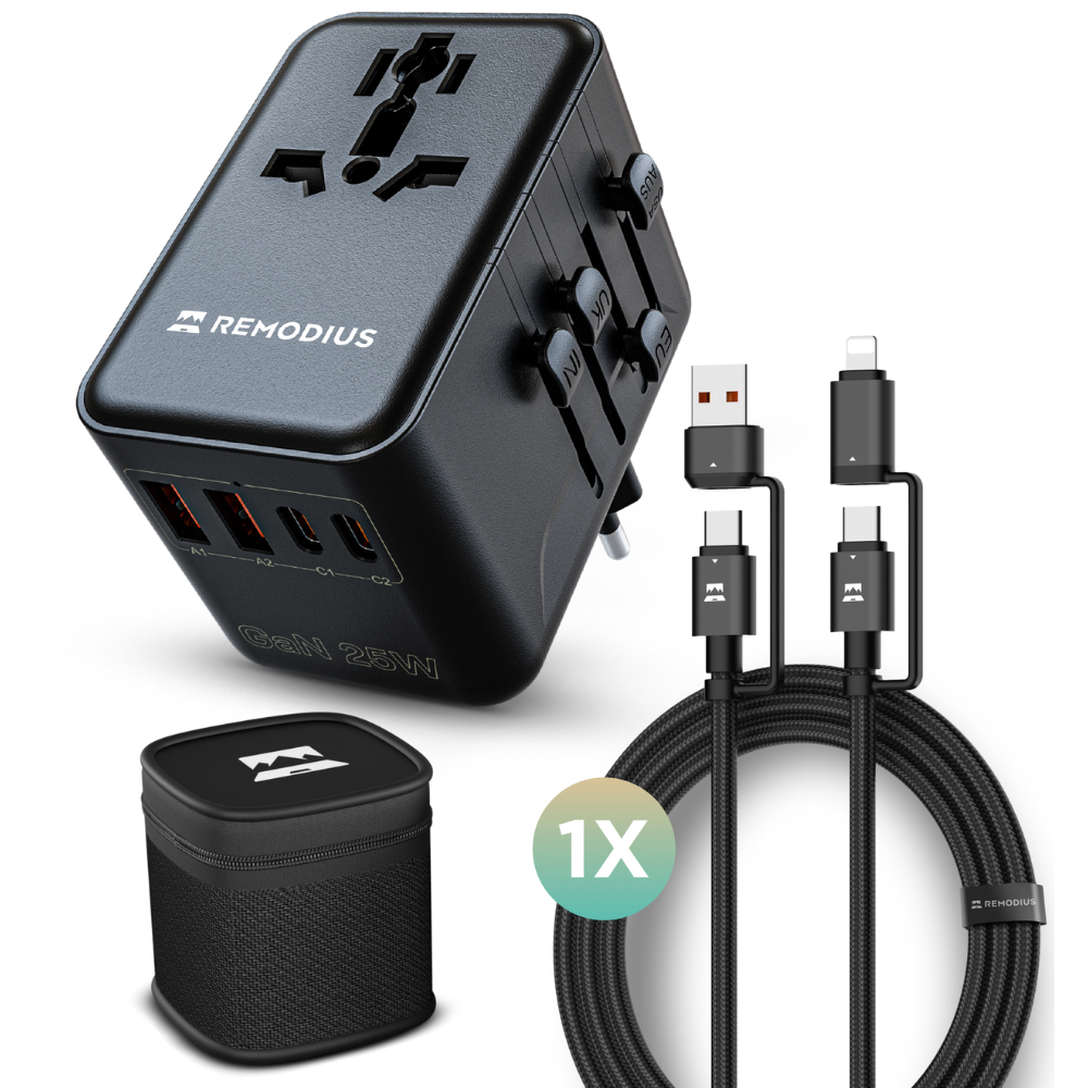 Zwart REMODIUS reisadapter met 4 USB-poorten en schakelaars voor AUS, UK, EU en US, inclusief 1x zwarte, gevlochten kabelsset met USB-C en Lightning aansluitingen voor reisgebruik.