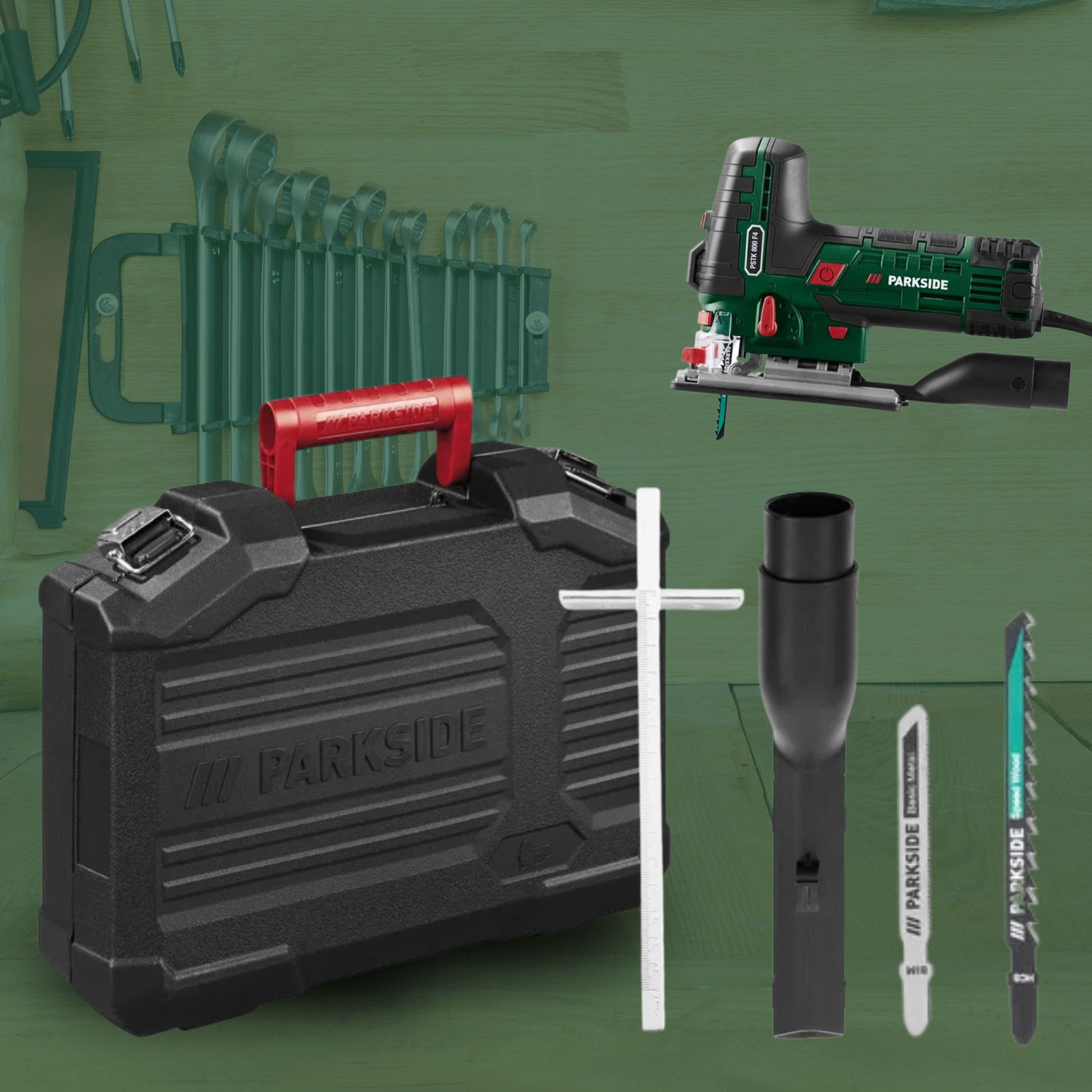 De Parkside PSTK 800 F4 stootslijper in groen-zwart met rode details, voorzien van een scherp snijblad en een zwarte transportkoffer, geschikt voor professioneel houtbewerken en precisiezaagwerk.