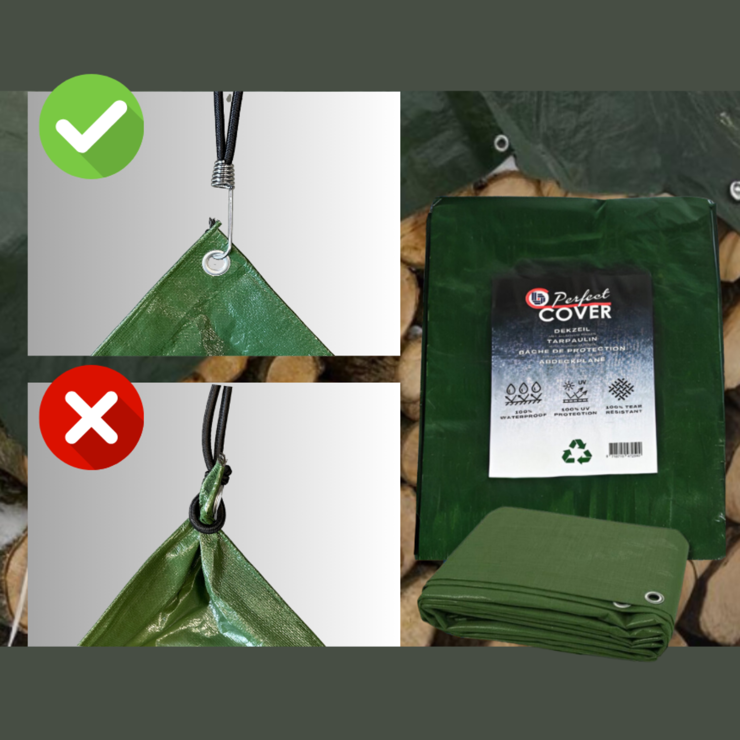 Groen tarpaulin dekzeil van Perfect Cover, opgevouwen met zichtbare waterdichte en UV-bestendige eigenschappen, geschikt voor outdoor bescherming van tuinmeubilair of bouwmaterialen.