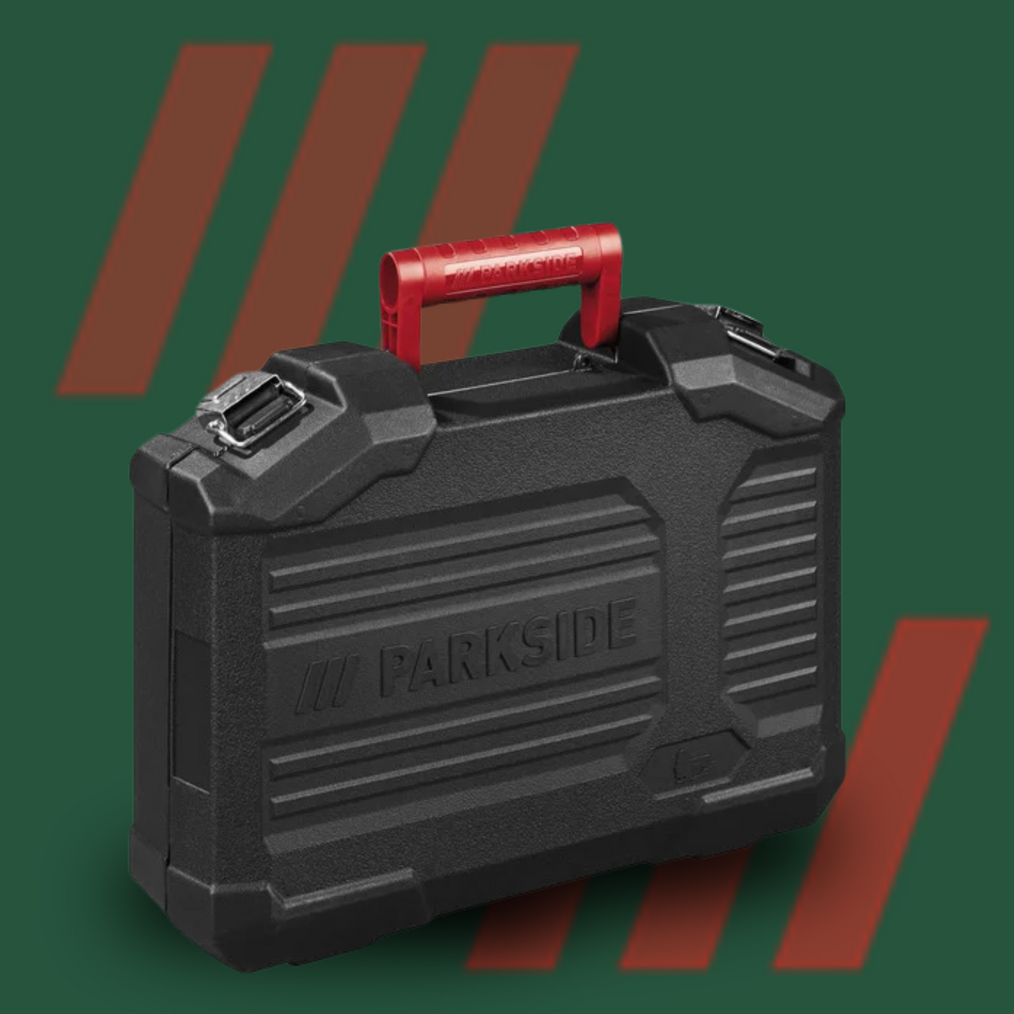 De Parkside PSTK 800 F4 stootslijper in groen-zwart met rode details, voorzien van een scherp zagenblad en een zwarte transportkoffer, geschikt voor precisie-slijpen en houtbewerking.