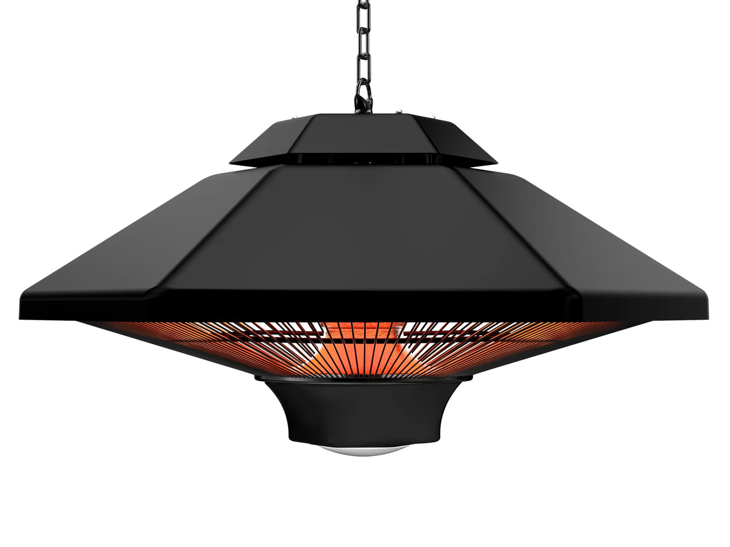 Zwarte hangende buitenverwarming met gloeiende infrarood-elementen en zichtbare ketting. Geschikt voor terrassen en tuinen, met bedieningsknop en merknaam AVOID.