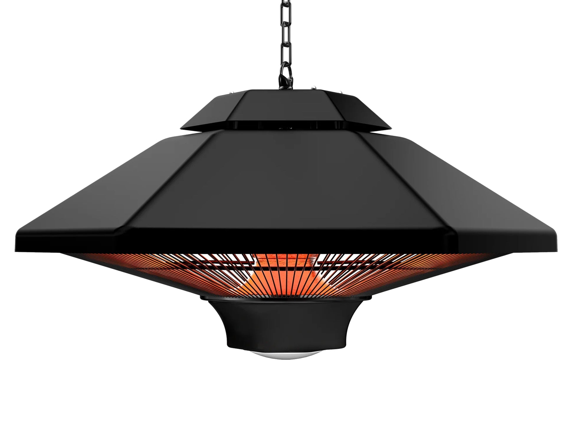 Zwarte hangende buitenverwarming met gloeiende infrarood-elementen en zichtbare ketting. Geschikt voor terrassen en tuinen, met bedieningsknop en merknaam AVOID.