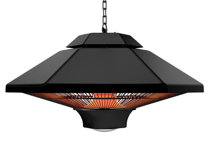 Zwarte hangende buitenverwarming met gloeiende infrarood-elementen en zichtbare ketting. Geschikt voor terrassen en tuinen, met bedieningsknop en merknaam AVOID.