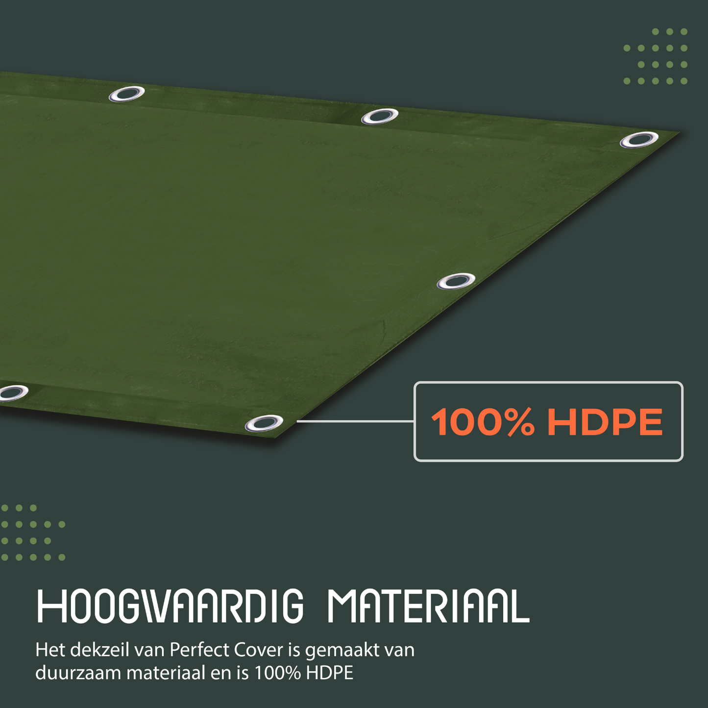 Groen tarpaulin dekzeil van Perfect Cover, opgevouwen met zichtbare waterdichte en UV-bestendige eigenschappen, geschikt voor outdoor bescherming van tuin- en bouwprojecten.