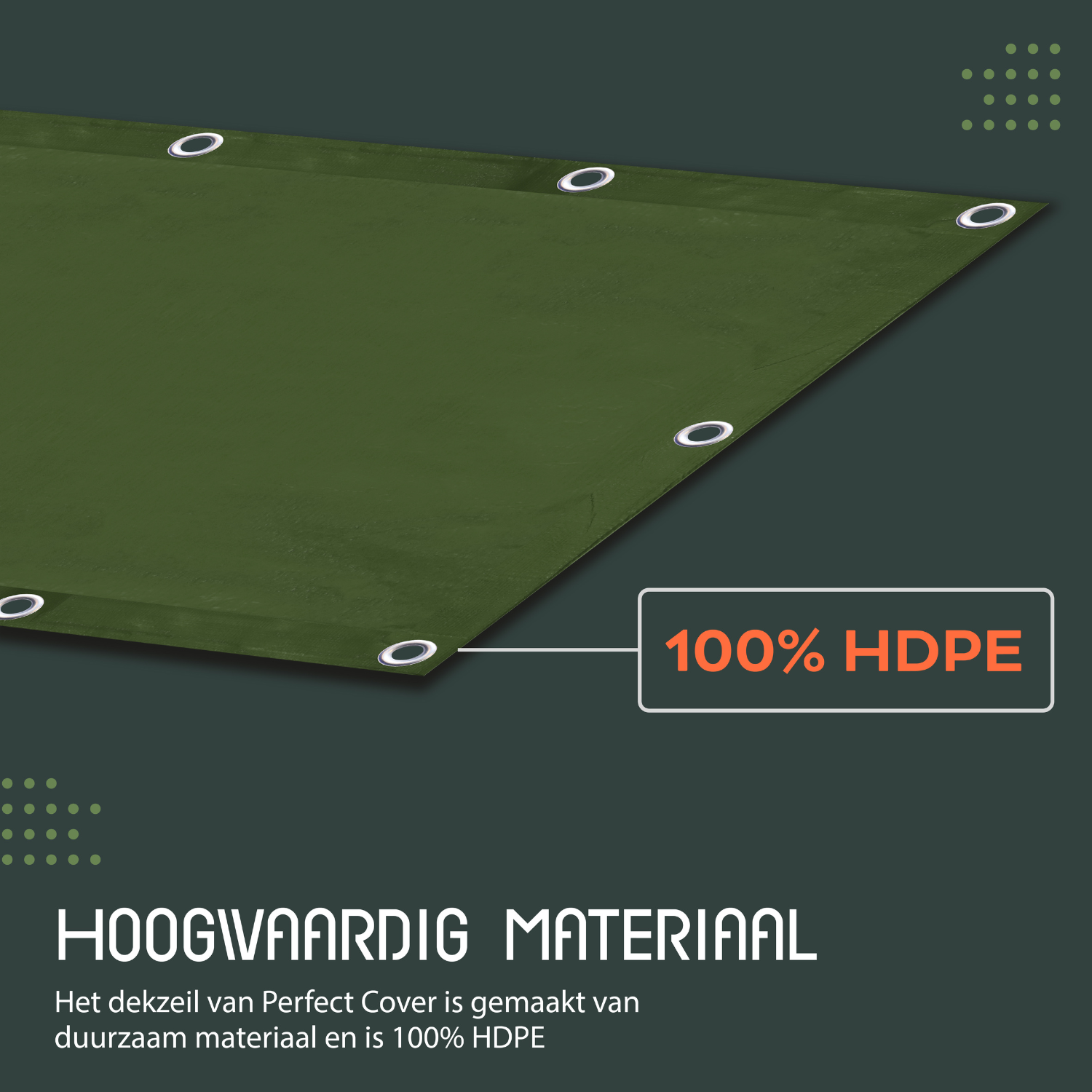 Groen tarpaulin dekzeil van Perfect Cover, opgevouwen met zichtbare waterdichte en UV-bestendige eigenschappen, geschikt voor outdoor bescherming van tuin- en bouwprojecten.
