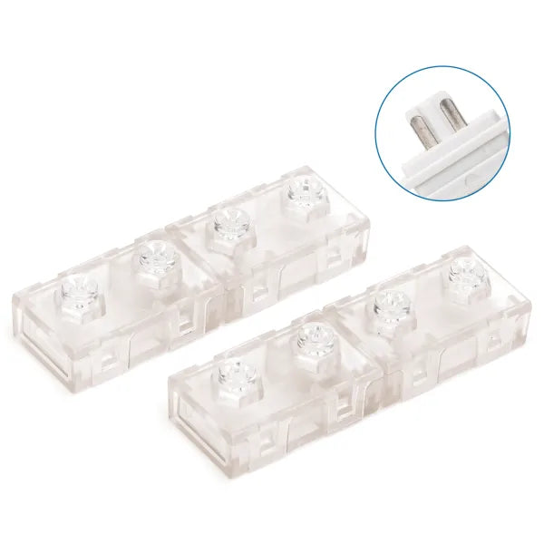 Transparante elektrische aansluitklemmen met zichtbare metalen contactpunten, geschikt voor DIY-projecten en huisinstallaties. Detailopname toont de precisie van de klemconstructie voor veilige stroomverbinding.