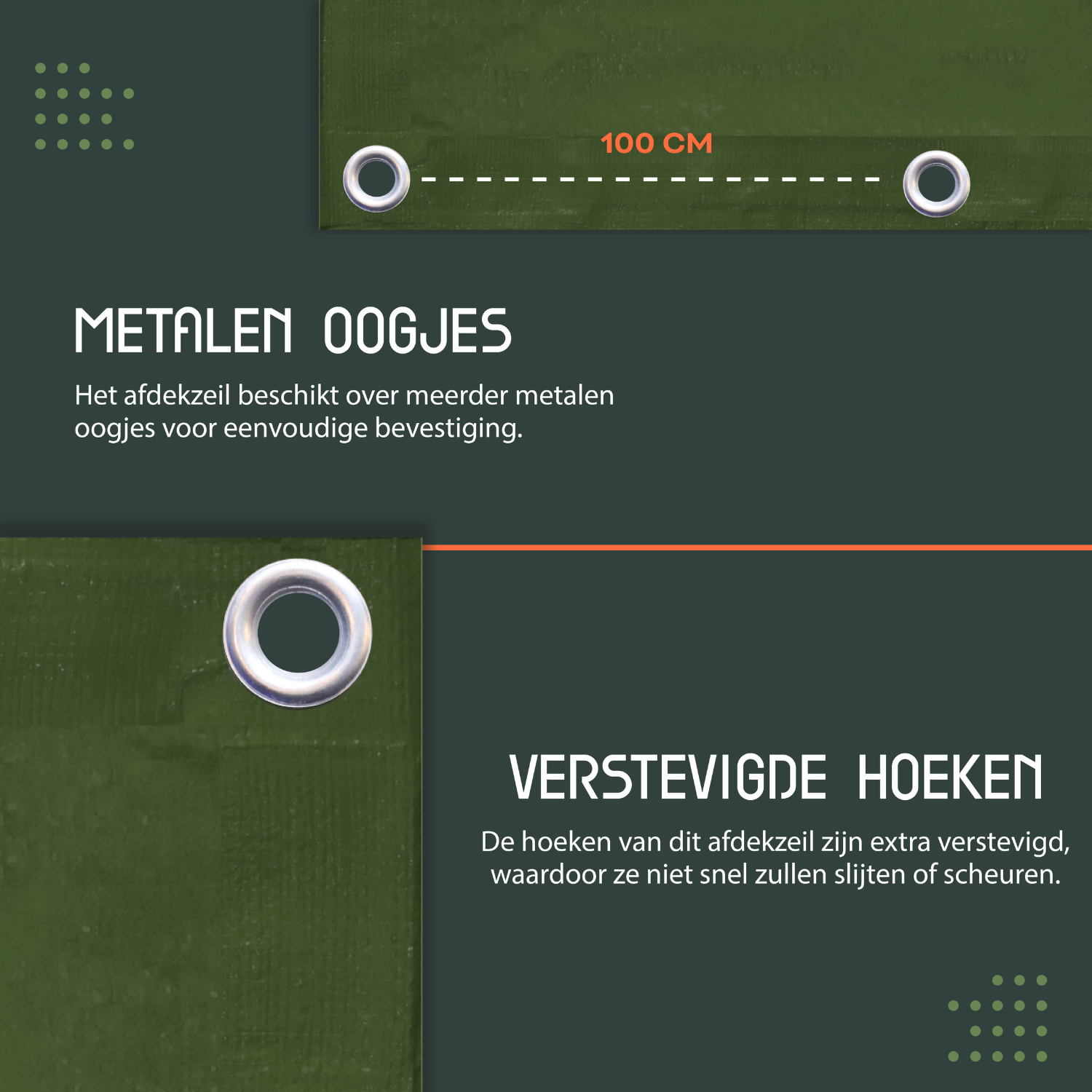 Groen tarpaulin dekzeil van Perfect Cover, gefold met zichtbare metalen oogjes en een label met waterdicht, UV-bestendig en windbestendig. Ideaal voor outdoor bescherming van tuin- en bouwprojecten.