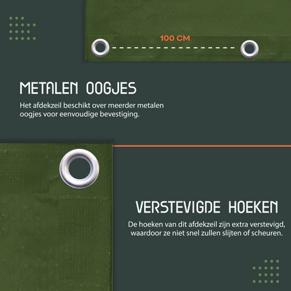 Groen tarpaulin dekzeil van Perfect Cover, gefold met zichtbare metalen oogjes en een label met waterdicht, UV-bestendig en windbestendig. Ideaal voor outdoor bescherming van tuin- en bouwprojecten.