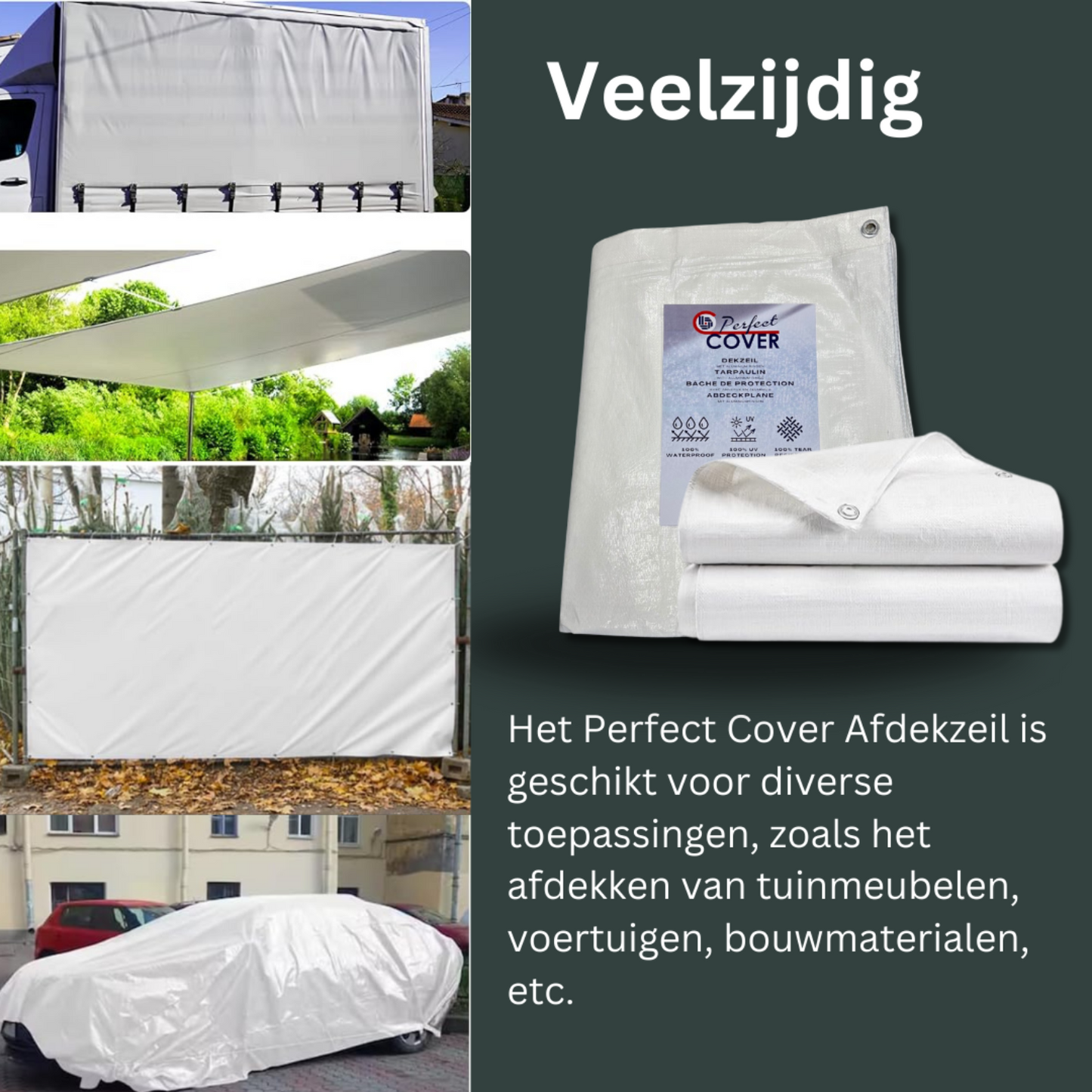 Een wit, opgevouwen dekzeil van Perfect Cover, gemaakt van waterdicht en UV-bestendig materiaal, met zichtbare metalen oogjes en een duidelijke productlabel met beschermingskenmerken voor gebruik bij buitenopslag.
