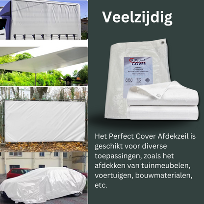 Een wit, opgevouwen dekzeil van Perfect Cover, gemaakt van waterdicht en UV-bestendig materiaal, met zichtbare metalen oogjes en een duidelijke productlabel met beschermingskenmerken voor gebruik bij buitenopslag.