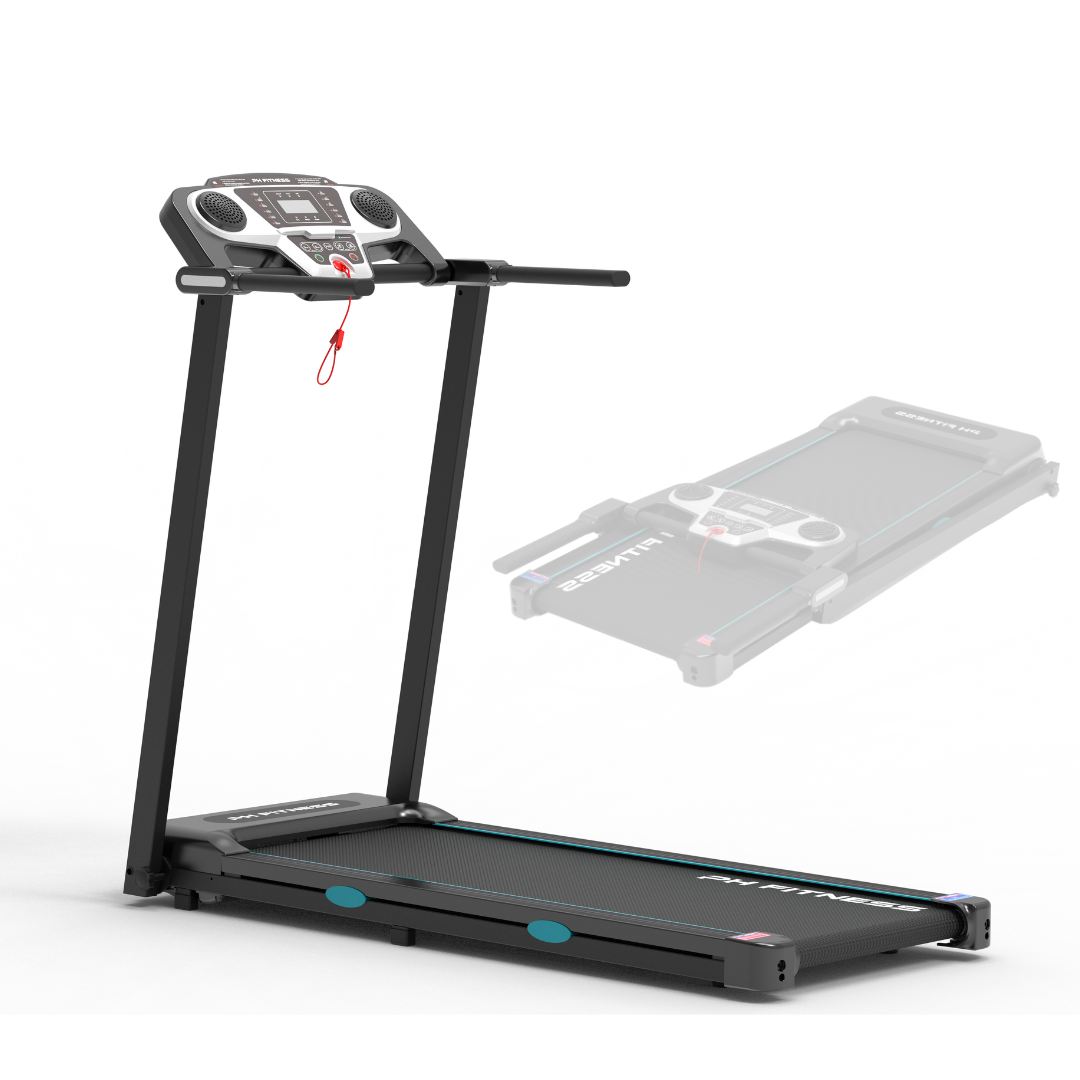 Een zwarte, vouwbare loopband met blauwe accenten en een digitale display, uitgerust met handgrepen en een rode veiligheidssnoer. Ideaal voor thuisfitness en gewichtsverlies, met een compacte opbergfunctie.