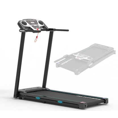Een zwarte, vouwbare loopband met blauwe accenten en een digitale display, uitgerust met handgrepen en een rode veiligheidssnoer. Ideaal voor thuisfitness en gewichtsverlies, met een compacte opbergfunctie.