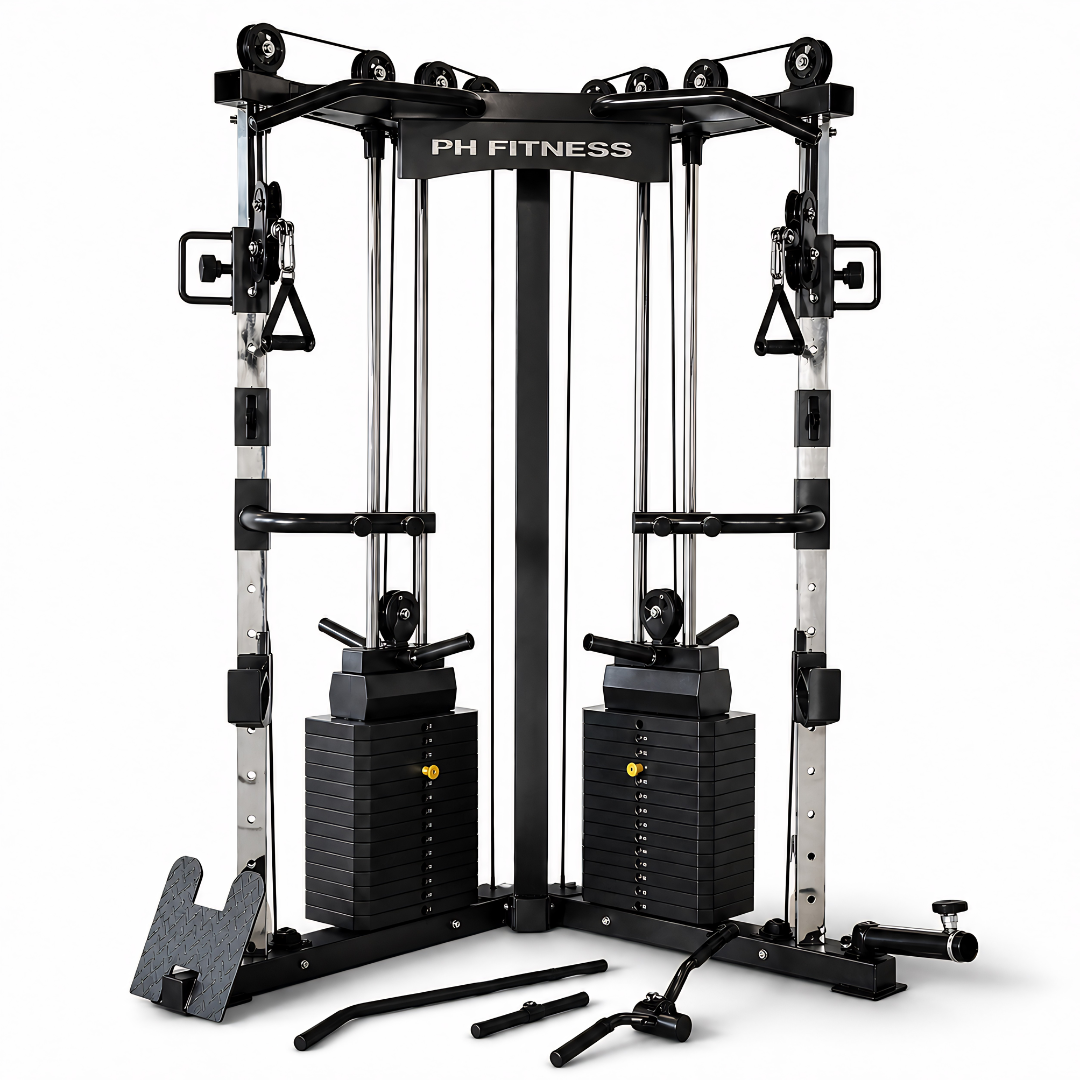 De PH Fitness multi-gym in zwart, met zichtbare gewichtsplatens en trekkoorden, is een compacte home-gym voor krachttraining. Ideaal voor thuisgebruik en bodybuilding.