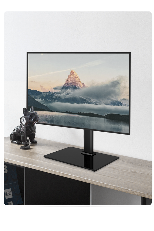 Zwarte TV-standaard met verstelbare arm en glazen voet, geschikt voor moderne kantoor- of woonruimtes. Ideaal voor slimme schermen en ergonomisch gebruik.