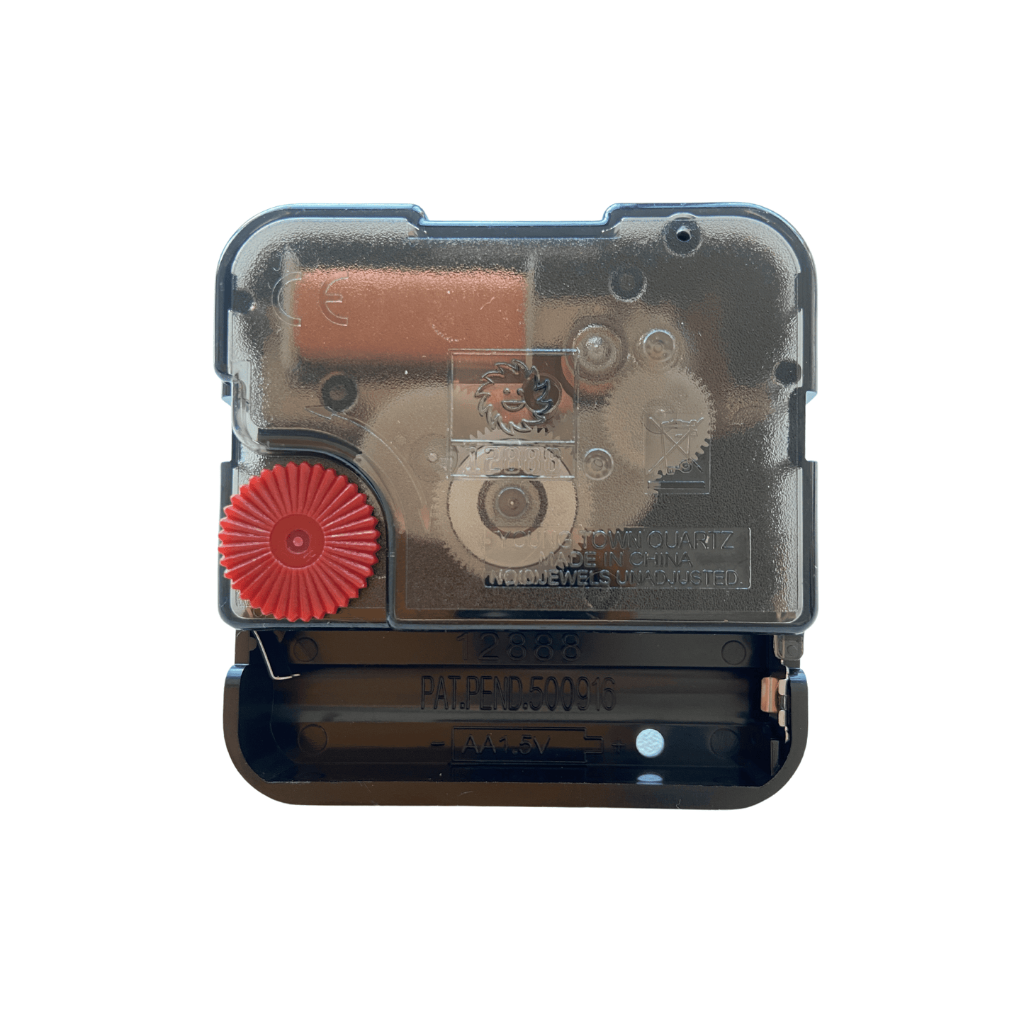 Zwart klokmechanisme met zichtbare zilverkleurige schroef en metalen bevestigingsplaat, geschikt voor wand- of tafelklokken. Perfect voor DIY-projecten en reparaties van analoge klokken.