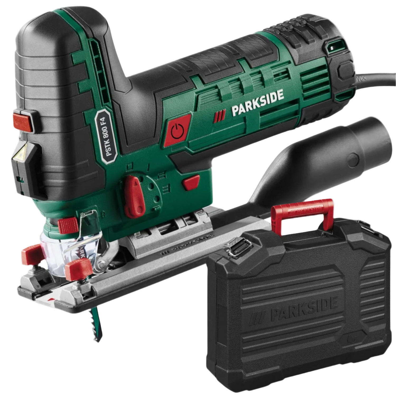 De Parkside PSTK 800 F4 stijlzaag in groen-zwart met rode details, inclusief een zwarte transportkoffer, geschikt voor precisiezaagwerk in de houtbewerking.