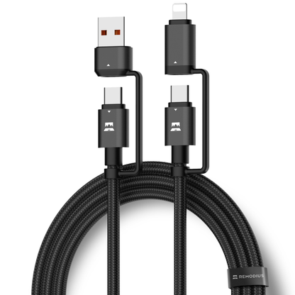 Zwart, gevlochten USB-C kabel met USB-A en Lightning aansluitingen, voor snelle opladen en dataoverdracht. Robuust ontwerp met merknaam Remodius, ideaal voor dagelijks gebruik en reizen.