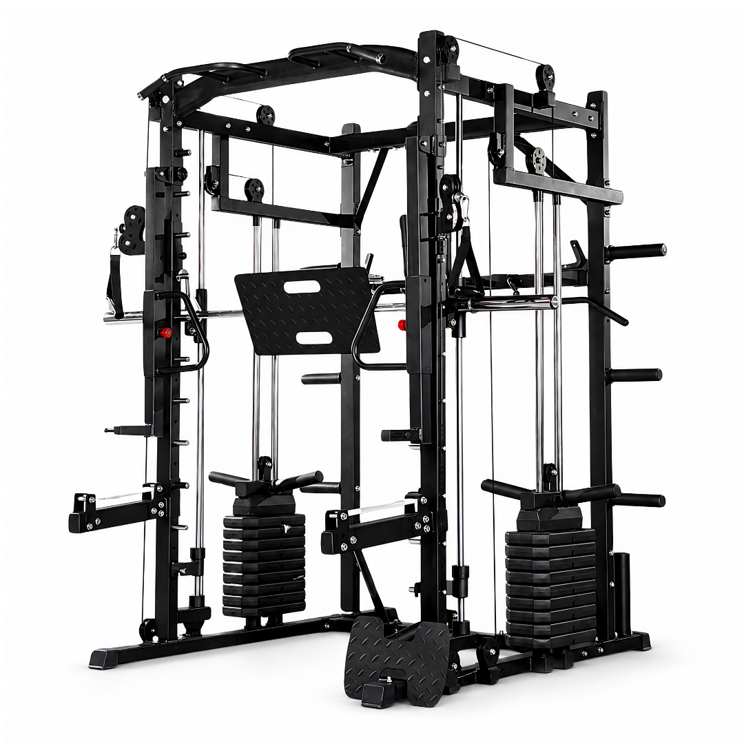 Zwarte multi-functional home gym met verstelbare banden, schijfjes en houders voor krachttraining. Ideaal voor thuisfitness en gewichtsoefeningen met een moderne, robuuste constructie.
