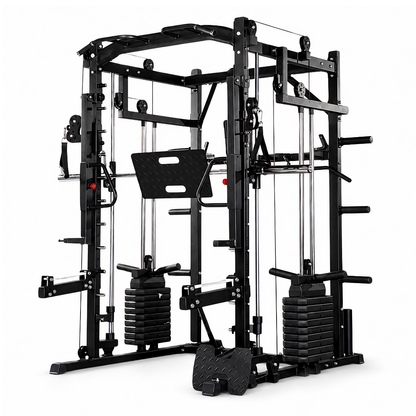 Zwarte multi-functional home gym met verstelbare banden, schijfjes en houders voor krachttraining. Ideaal voor thuisfitness en gewichtsoefeningen met een moderne, robuuste constructie.
