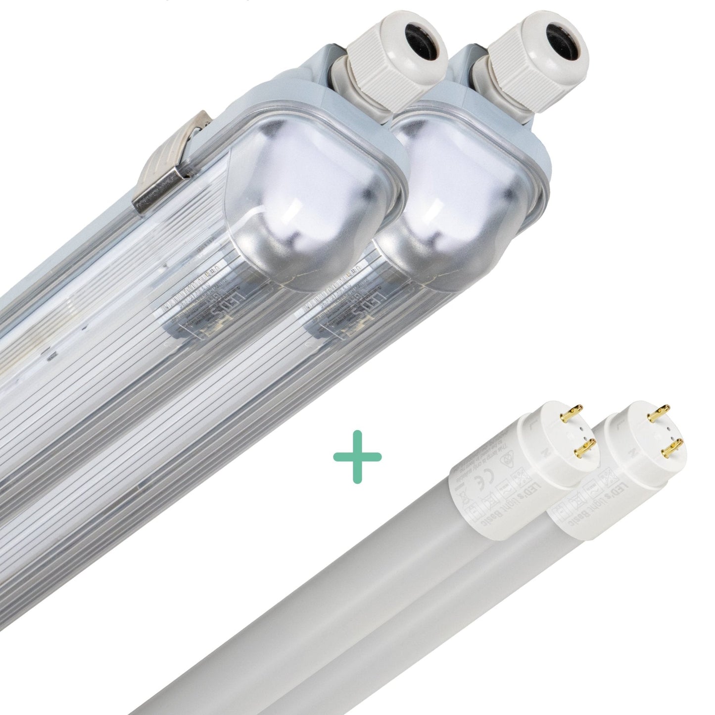 Zilverkleurige LED-buis met glazen kap en witte aansluitingen, geïntegreerd met een witte T8-buis. Geschikt voor energiezuinige verlichting in kantoren en winkels.