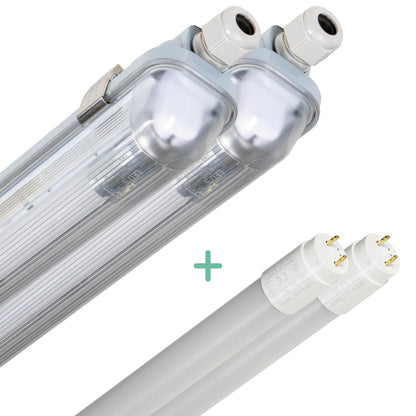 Zilverkleurige LED-buis met glazen kap en witte aansluitingen, geïntegreerd met een witte T8-buis. Geschikt voor energiezuinige verlichting in kantoren en winkels.