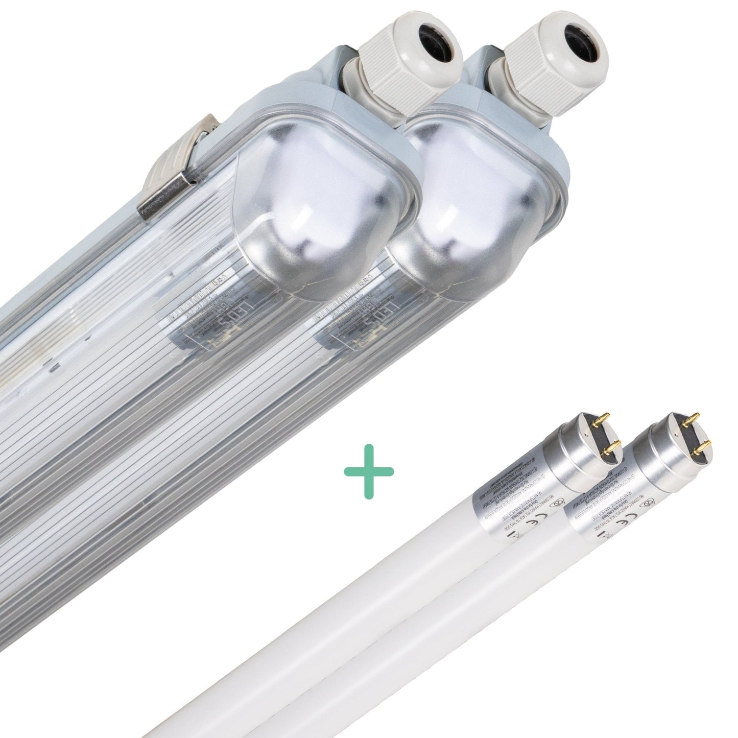 Zilverkleurige LED-tubulairlamp met transparante kap en witte aansluitingen, geïntegreerd met een witte T8-geleidingslamp voor energiezuinige verlichting in kantoren en industriële ruimtes.