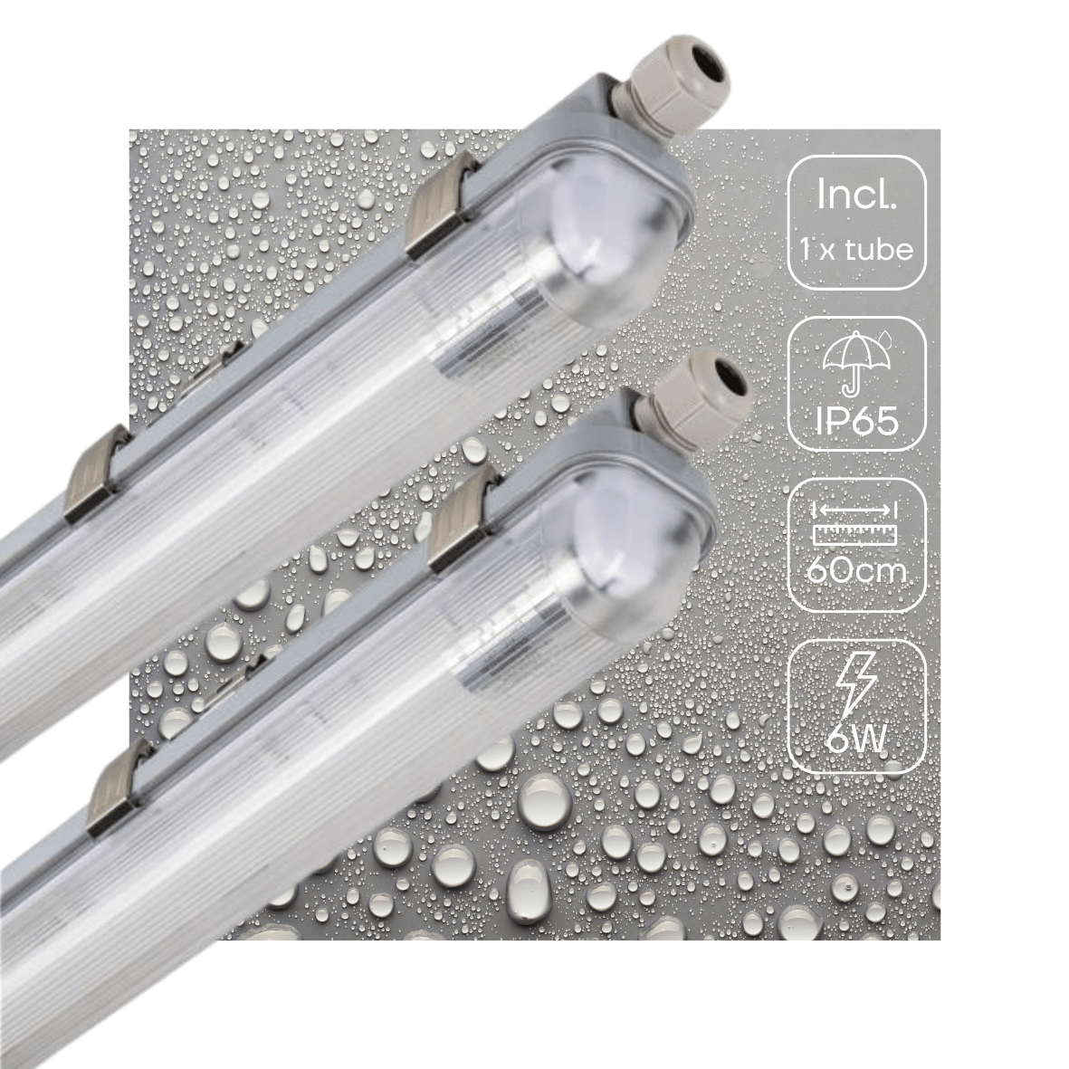LED-tubulair verlichtingssysteem met transparante behuizing en witte aansluitingen, geïntegreerd met een witte T8-geleidingslamp voor energiezuinige verlichting in kantoren en industriële ruimtes.