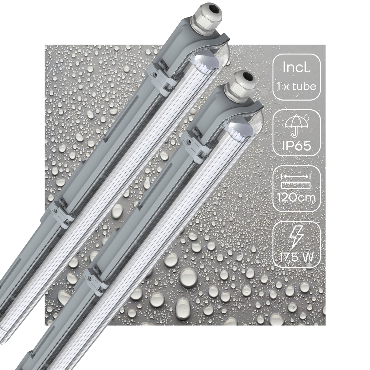 Grijze LED-buisverlichting met transparante kap en witte aansluitingen, inclusief twee witte LED-buislampen met goudkleurige contactpunten, geschikt voor energiezuinige verlichting in kantoren en magazijnen.