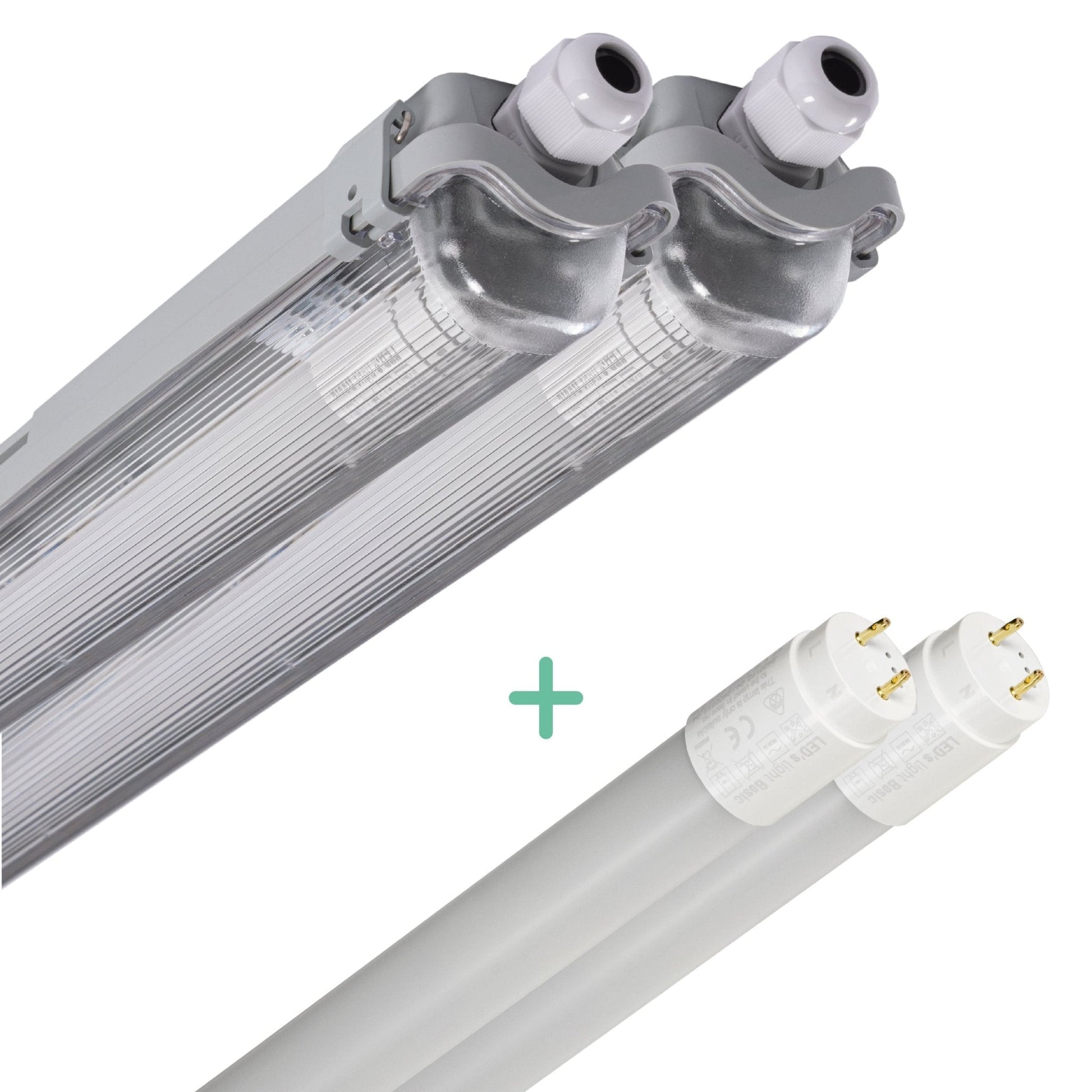 Zilverkleurige LED-buis met transparante beschermkap en witte aansluitingen, inclusief twee witte LED-buisvervangingen met goudkleurige contactpunten voor energiezuinige verlichting.