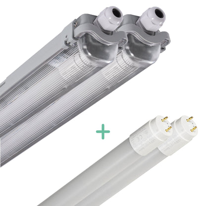 Zilverkleurige LED-buis met transparante beschermkap en witte aansluitingen, inclusief twee witte LED-buisvervangingen met goudkleurige contactpunten voor energiezuinige verlichting.