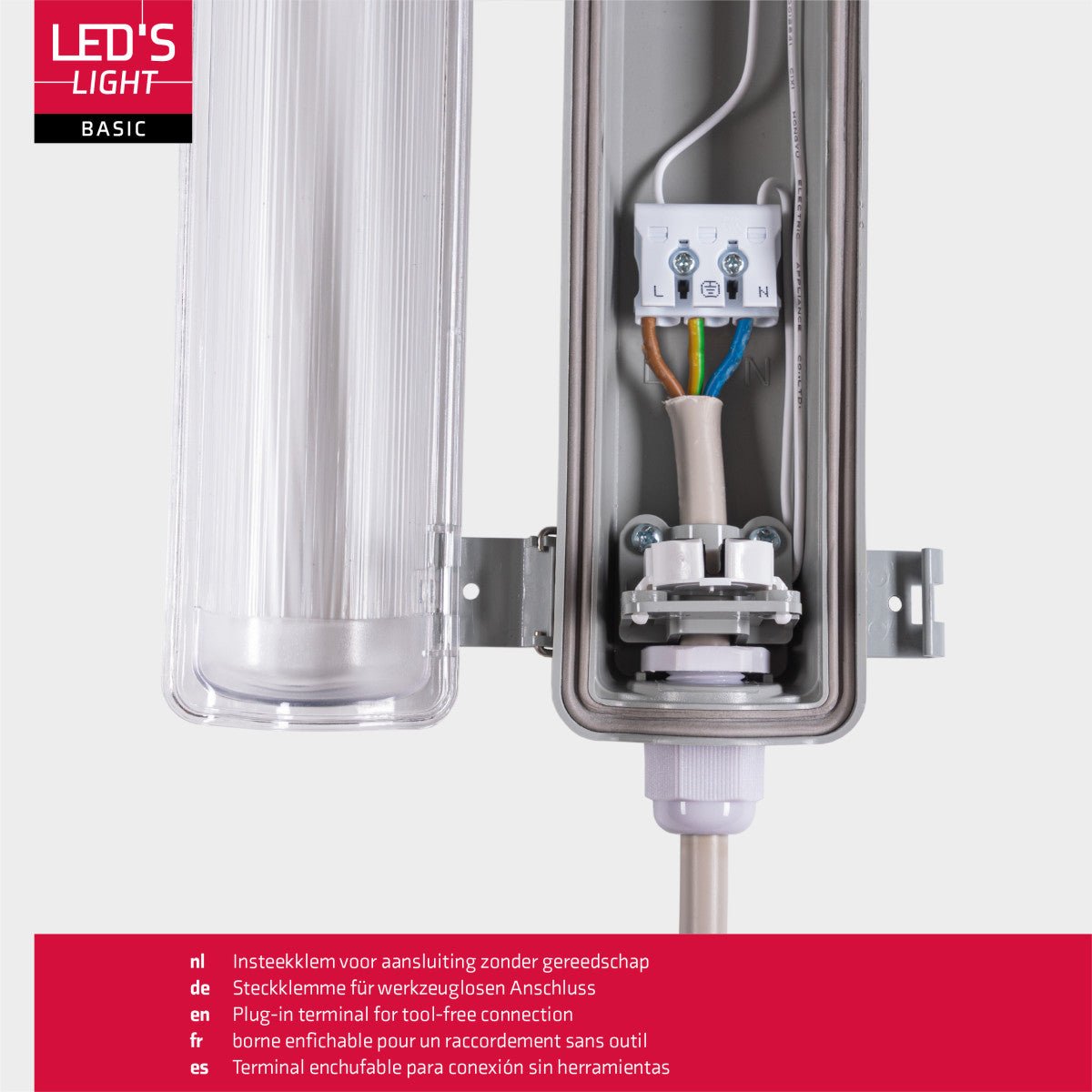 Zilverkleurige LED-buis met transparante beschermkap en witte aansluitingen, inclusief twee witte LED-buisvervangingen met goudkleurige contactpunten voor energiezuinige verlichting in kantoren en magazijnen.