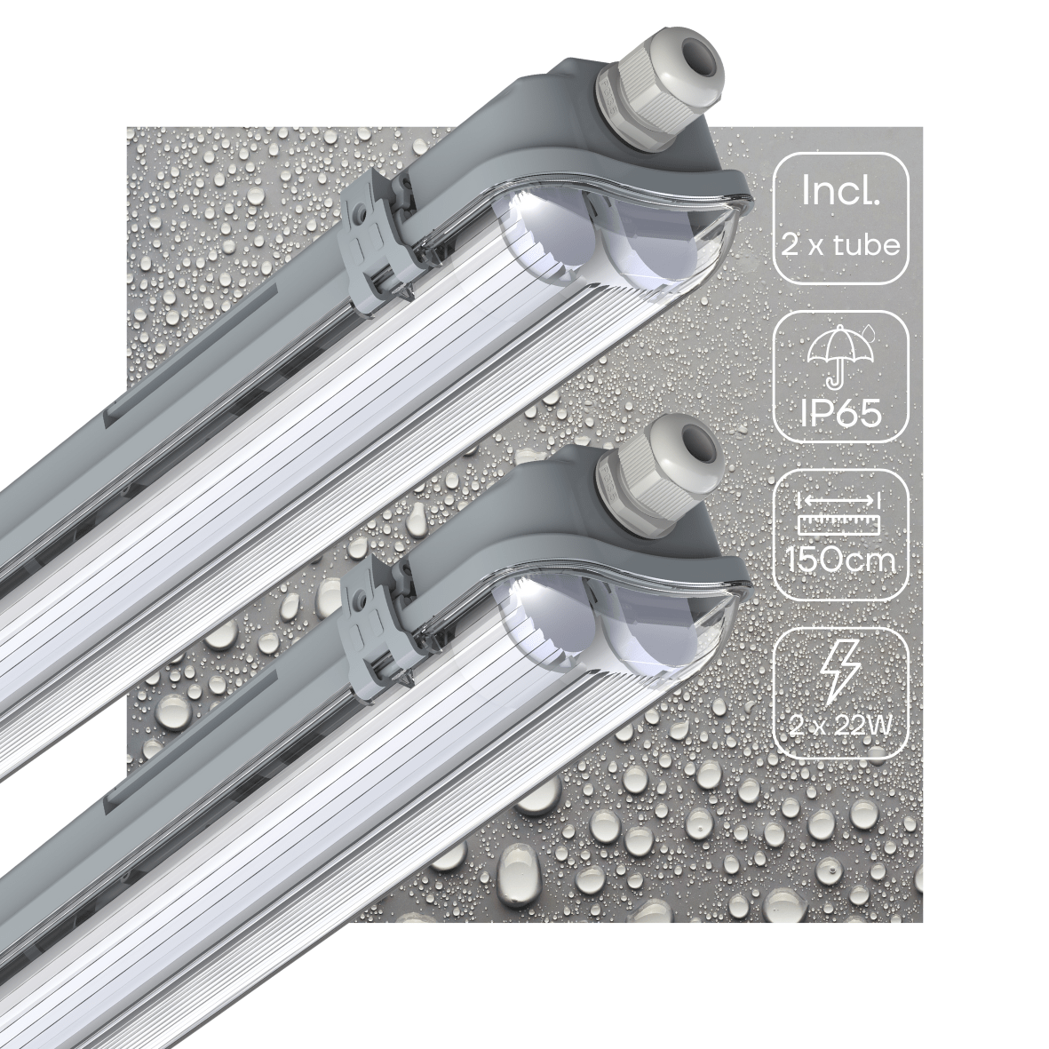 Grijze LED-tubulairverlichting met transparante beschermkap en witte aansluitingen, inclusief vier T8 LED-buisjes voor energiezuinige verlichting in kantoren en winkels.