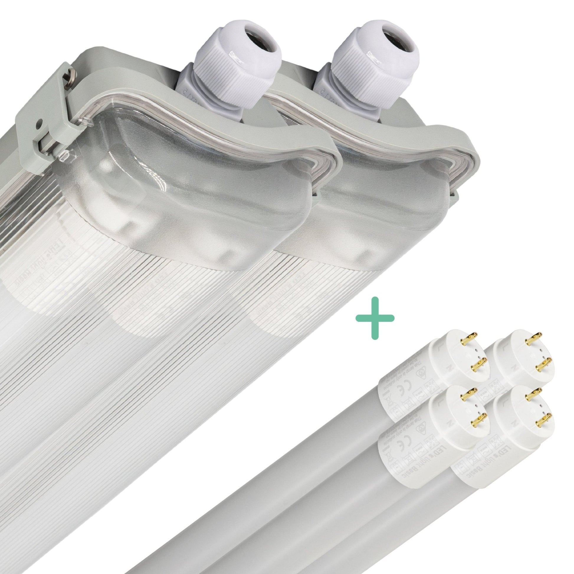 Grijze LED-buisverlichting met transparante beschermkap en witte aansluitingen, inclusief vier T8 LED-buislampen voor energiezuinige verlichting in kantoren en industriële ruimtes.