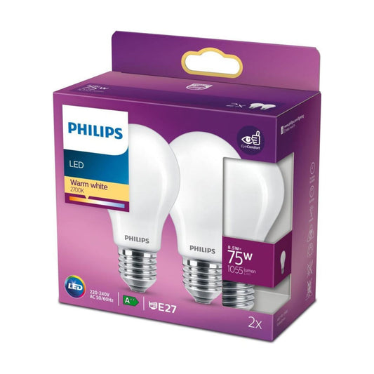 2-pack Philips LED Lampen E27 - Mat - Warm wit - 8.5W vervangt 75W