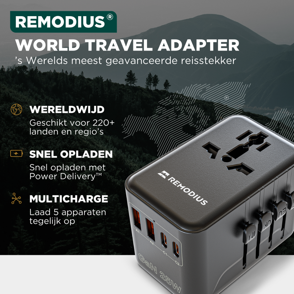 Zwart REMODIUS reisadapter met 4 USB-poorten en schakelaars voor AUS, UK, EU en US, inclusief 2x zwarte, gevlochten USB-C en Lightning kabels voor snelle opladen tijdens reizen.