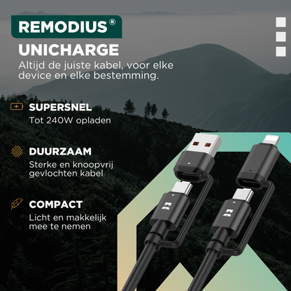 Zwart REMODIUS reisadapter met 4 USB-poorten en schakelaars voor AUS, UK en EU, bijgeleverd met een set van drie kabels voor mobiele apparaten en een compacte opbergdoos voor reisgebruik.