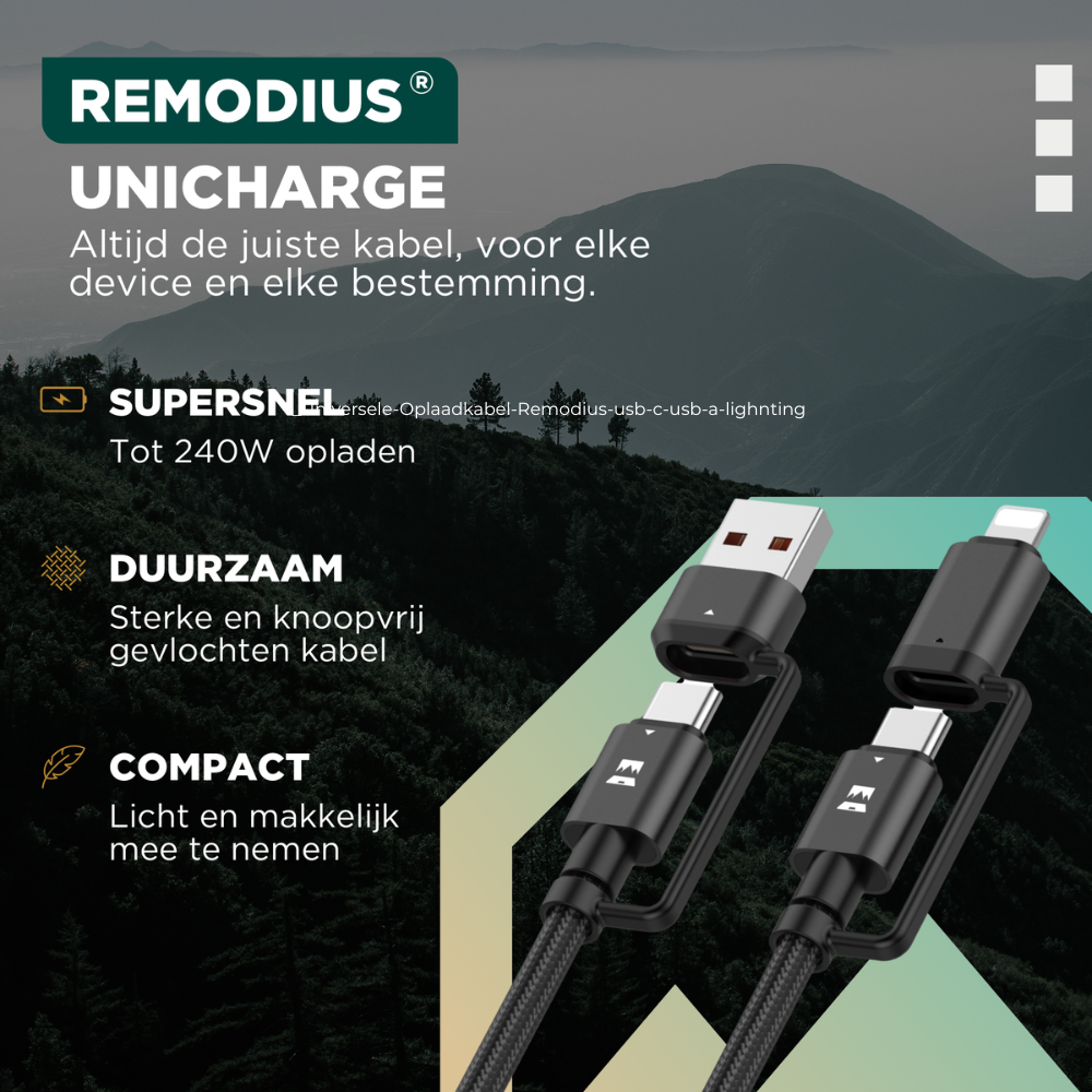Zwart, gevlochten USB-C kabel met USB-A en Lightning aansluitingen, voor snelle opladen en dataoverdracht. Robuust ontwerp met REMODIUS merklabel, geschikt voor smartphone en tablet.