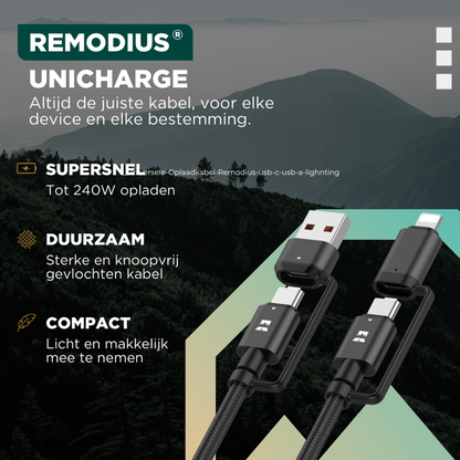 Zwart, gevlochten USB-C kabel met USB-A en Lightning aansluitingen, voor snelle opladen en dataoverdracht. Robuust ontwerp met REMODIUS merklabel, geschikt voor smartphone en tablet.