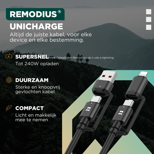 Zwart, gevlochten USB-C kabel met USB-A en Lightning aansluitingen, voor snelle opladen en dataoverdracht. Robuust ontwerp met REMODIUS merklabel, geschikt voor smartphone en tablet.