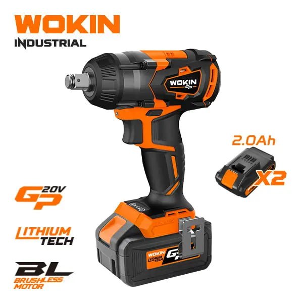 Wokin draadloze impactwrench in oranje en zwart, inclusief twee batterijen, oplader en opbergzak. Ideaal voor professioneel gebruik en thuisprojecten.