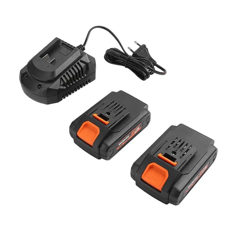 Wokin draadloze impactwrench in oranje en zwart, inclusief twee batterijen, oplader en opbergzak. Ideaal voor professioneel gebruik en thuisprojecten.