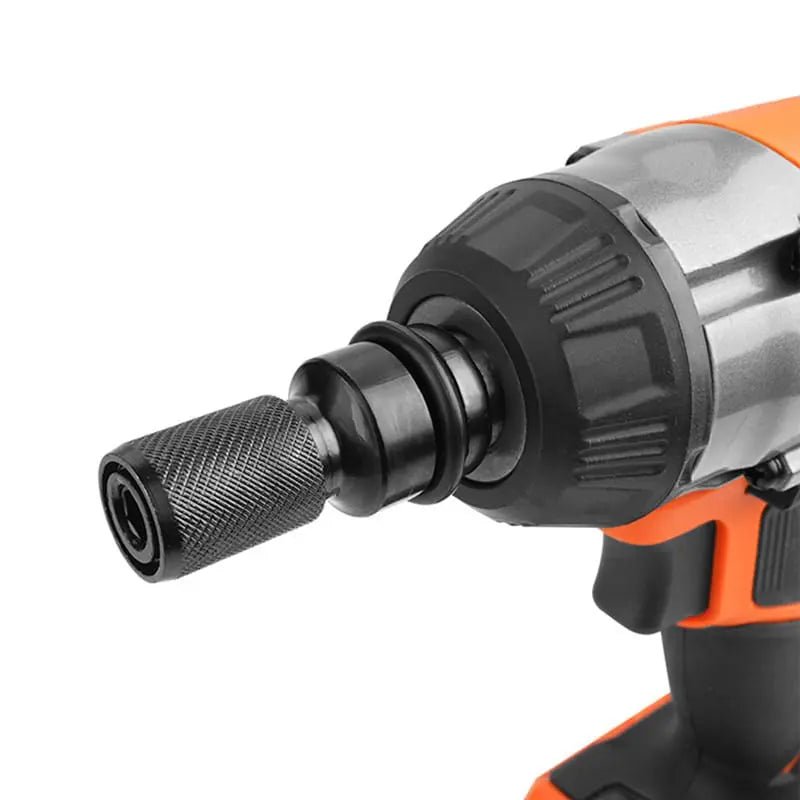 Wokin draadloze impactwrench in oranje en zwart, inclusief twee batterijen, oplader en opbergzak. Ideaal voor professionele schroefwerkzaamheden en houtbewerking.