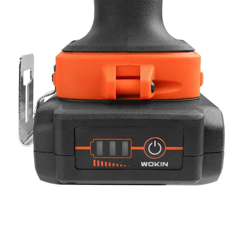 Wokin draadloze impactwrench in oranje en zwart, inclusief twee batterijen, oplader en toolbag voor professioneel gebruik. Geschikt voor zware boormachines en schroefwerkzaamheden.