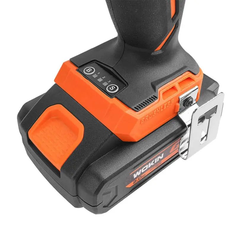 Wokin draadloze impactwrench in oranje en zwart, inclusief twee batterijen, oplader en opbergzak. Ideaal voor professionele schroefwerkzaamheden en reparaties.