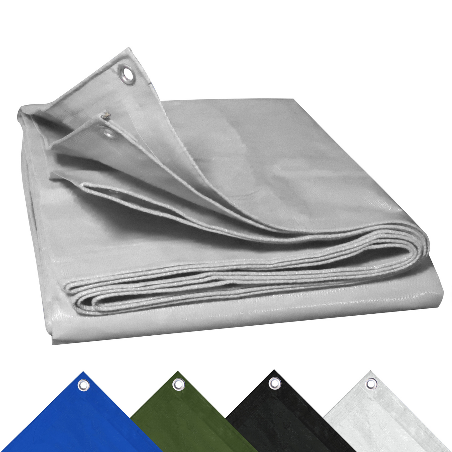 Een wit, waterdicht dekzeil van Perfect Cover, gemaakt van sterk materiaal met een zichtbare metalen oogbout. Geschikt voor outdoor bescherming tegen regen en UV-straling.