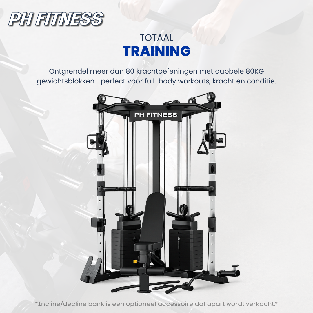 Zwarte PH Fitness multi-gym met verstelbare kabels en gewichtsplatens voor thuisgym. Robuust metaalframe met handgrepen en voetstuk voor krachttraining en fitness.